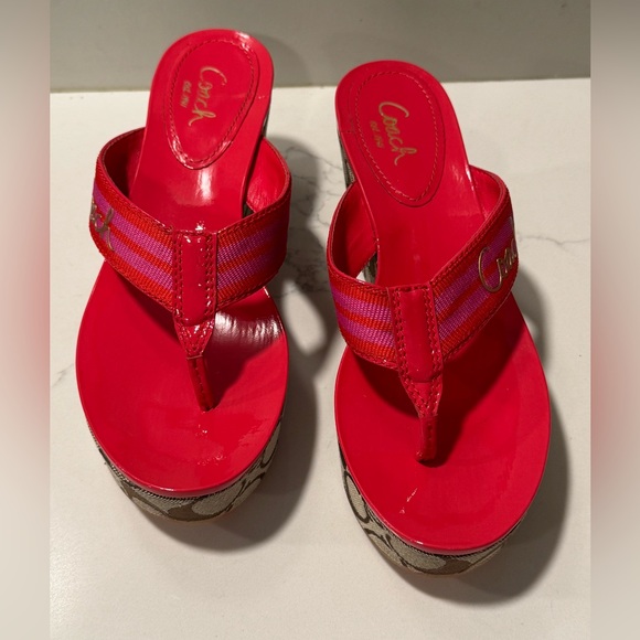 Coach - Gabriela Wedge Red and Brown Sandals - Picture 4 of 15